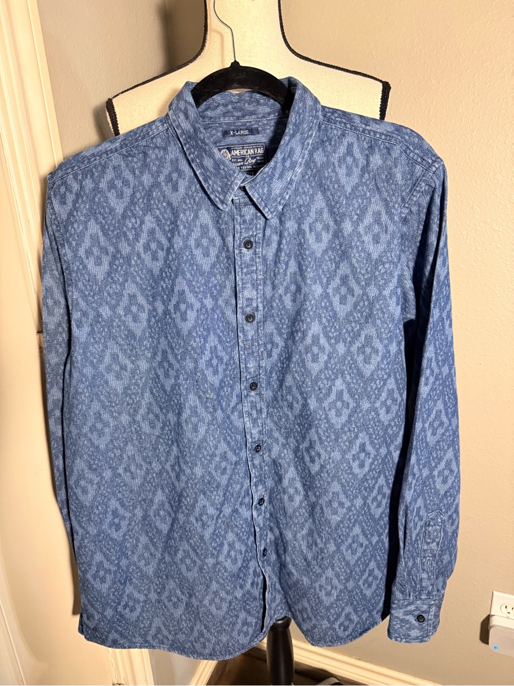 American Rag Men’s Indigo Blue Patterned Denim Button-Down Shirt